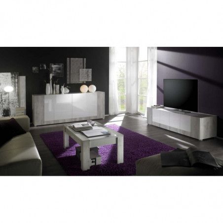 Meuble TV - 4 portes - Saturne - L 190 x l 51 x H 48 cm - Gris et blanc