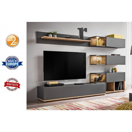Ensemble murale meuble TV - Silk - 6 éléments - Anthracite et bois
