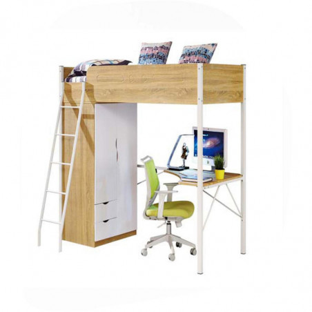 Lit combiné enfant - Emilie - Bureau et armoire - L 198 x l 139 x H 178 cm - Beige