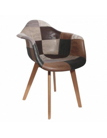 Fauteuil Cuir Synthétique| Scandinave Patchwork Marron et Gris| H 85 x P 60,5 x L 62 cm | Pieds en bois brut | Multicouleurs