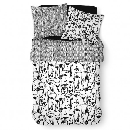 Parure de lit art déco en coton - Sunshine - 240 X 260 cm - Blanc - Noir