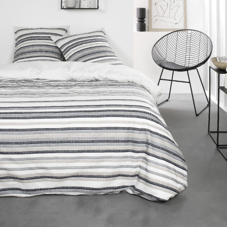 Parure de lit en coton réversible - Sunshine - l 240 x L 260 cm - Ligné nuances de gris et beige