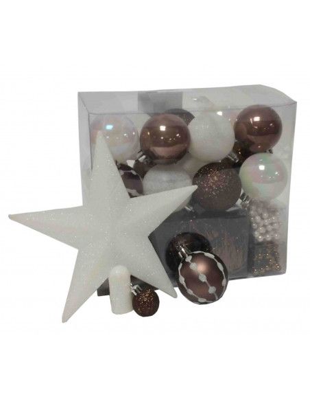 Kit de 44 décorations pour sapin - Taupe et blanc - Guirlandes, boules et cimier