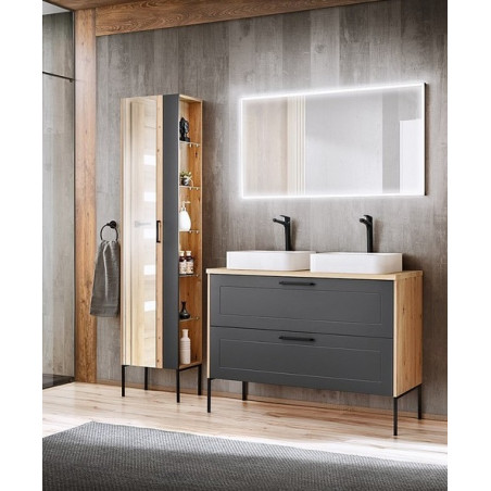 Ensemble meuble sous-vasque + Vasques à poser + Miroir LED + Grande Armoire - 120 cm - Duramen Grey