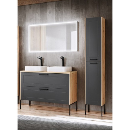 Ensemble sous-vasque 120 cm + 2 vasques à poser + Miroir LED + grande colonne salle de bain - Duramen Grey