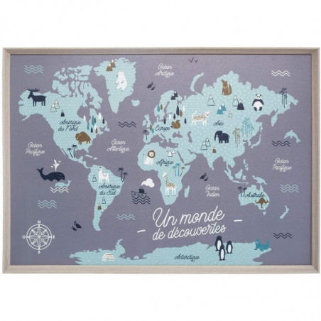 Tableau carte du monde - L 70 x P 3 x H 50.3 cm - Enfant - Bleu