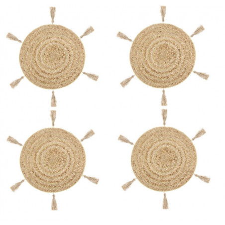 Lot de 4 sets de table avec pompons - D 38 cm - Beige