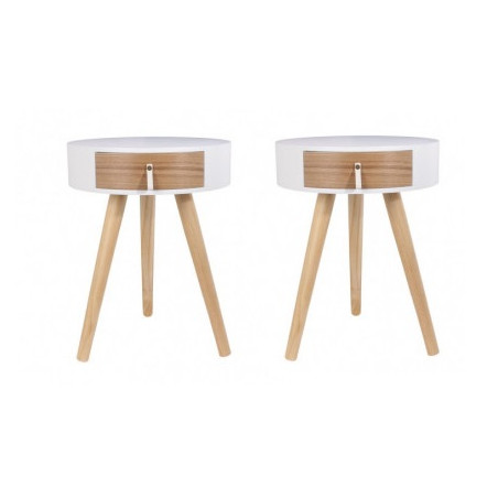 Lot de 2 tables de chevet ronde en bois avec tiroir - Nora - D 34,5 x 47 cm - Blanc