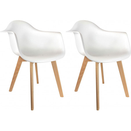 Lot de 2 fauteuils Scandinaves avec accoudoirs | H 85 x P 60,5 x L 62 cm | Pieds en bois brut | Blanc