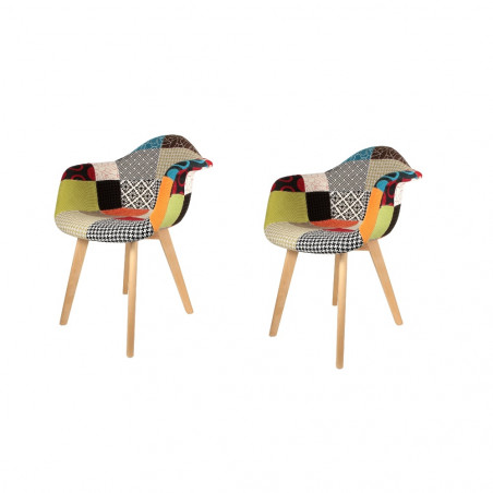 Lot de 2 Fauteuils Scandinaves Patchwork | H 85 x P 60,5 x L 62 cm | Pieds en bois brut | Multicolore