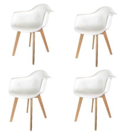 Lot de 4 fauteuils Scandinaves avec accoudoirs | H 85 x P 60,5 x L 62 cm | Pieds en bois brut | Blanc