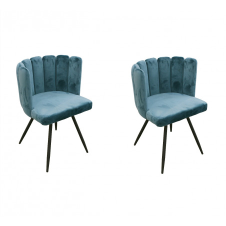 Lot de 2 Chaises Rondes en Velours | L 53 x P 51 x H 80 cm | Bleu canard | 4 Pieds en Métal