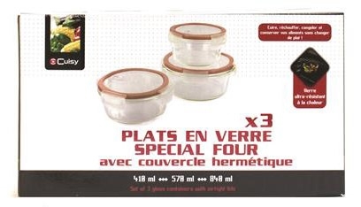 Lot de 3 plats à four en verre + couvercle hermétique