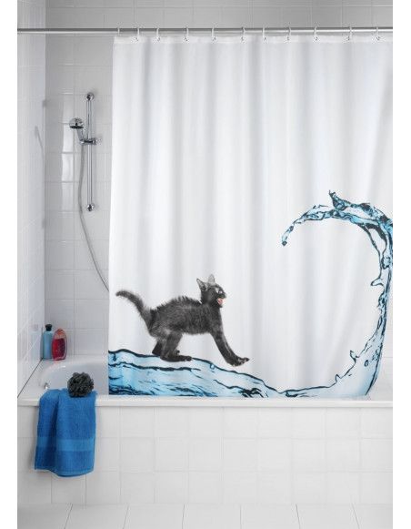 Rideau de douche blanc anti-moisissure - Wenko - design chat