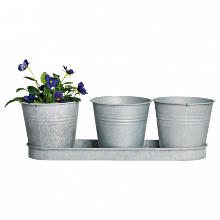 Lot de 3 pots à fleurs avec soucoupe en zinc patiné - 11,1 x 32,8 x 10,5 cm - Gris