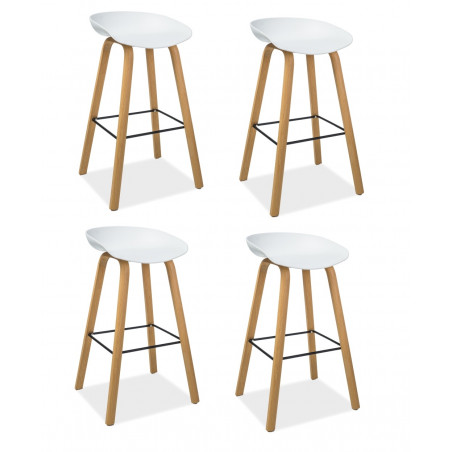 Lot de 4 tabourets de bar fixes - Blanc - Pieds en métal aspect bois