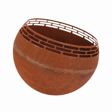 Brasero boule décor bandes - Collecteur de cendres - D 58 x H 46,5 cm - Métal rouillé