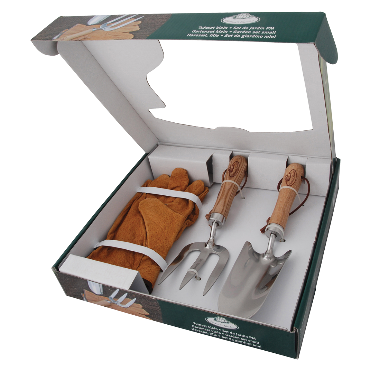 Set de 3 outils de petit jardinage - Pelle rateau et gants en cuir - Inox  frêne et cuir