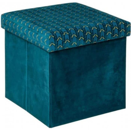 Pouf et coffre de rangement pliant couvercle imprimé - 38 x 38 cm - Bleu canard - Velours, bois MDF