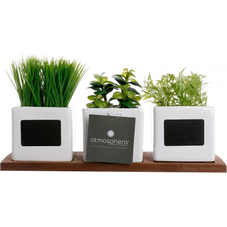 Ensemble de 3 pots d'herbes aromatiques artificielles sur un plateau en bois - Céramique et bois - L 34 x l 15 x H 15 cm