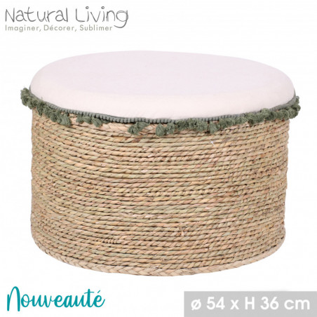 Pouf rond en rotin assise rembourée en tissu - D 54 x 36 cm - blanc, paille