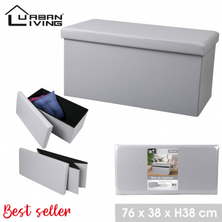 Banc de rangement aspect cuir en PVC - 76 x 37, 5 x H 37,5 cm - Gris