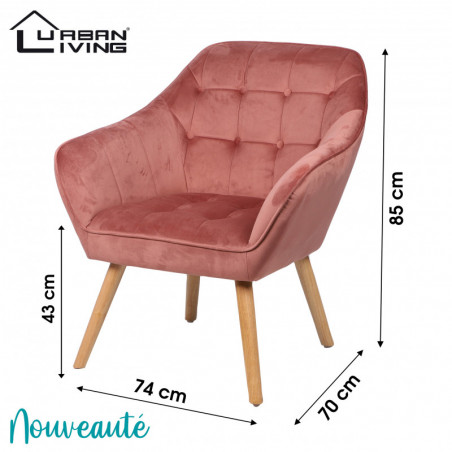 Fauteuil OLY en velours et pieds en bois - Vieux rose - L 74 x P 70 x H 85 cm