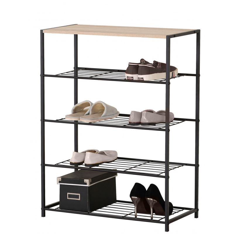 Etagère range chaussures 4 niveaux 1 plateau COLORADO - Noir mat, chêne clair - Bis et métal - 83 x 63 x P 30 cm.