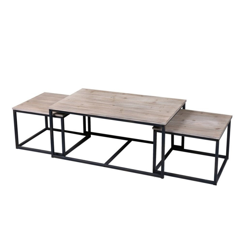 Set de 3 tables basses COUNTRY SIDE - Noir mat et chêne clair - Bois et métal - 100 x 60 x H 45 cm -