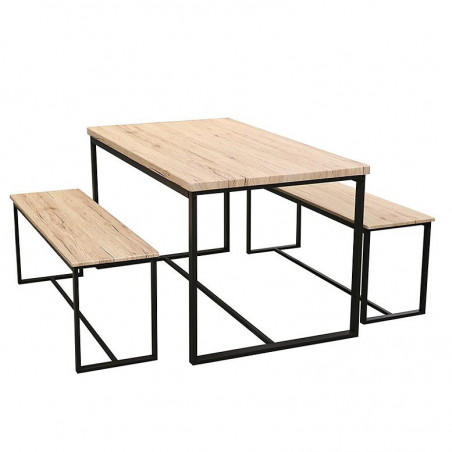 Ensemble table et 2 bancs DOCK - Noir mat et chêne - Bois et métal - L 140 x H 75 x P 80 cm