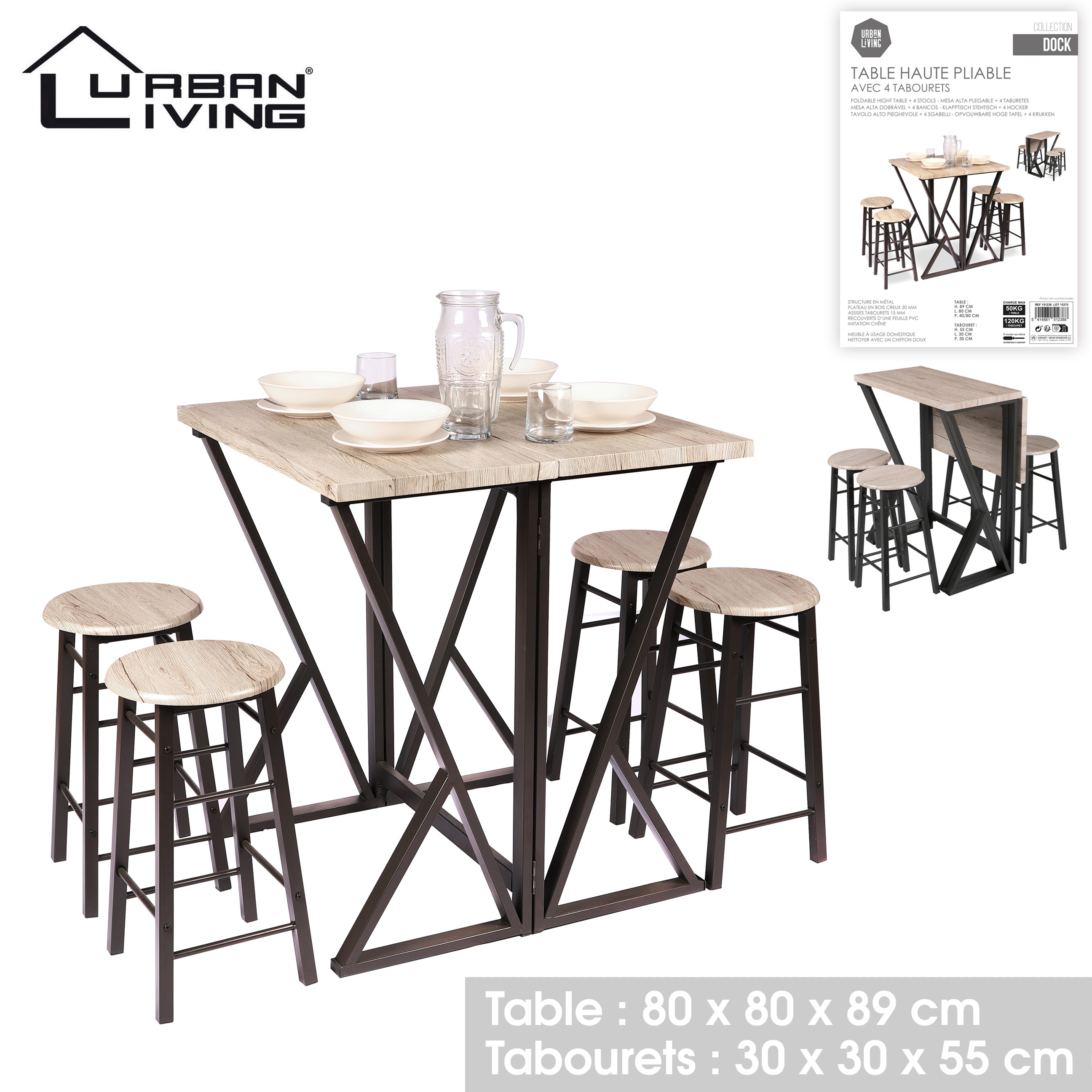 Ensemble table haute pliante et 4 tabourets - Noir mat et chêne - Bois et  métal - Table L 80 x H 89 x P 40-80 cm