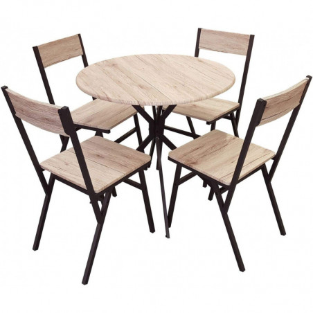 Ensemble table ronde et 4 chaises DOCK - Noir mat et chêne - Bois et métal - Table D 80 cm