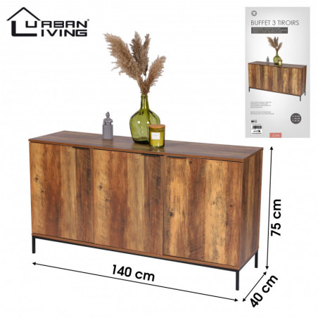 Buffet en bois JOYA 3 portes - Noir et effet bois de noyer - Métal et noir - 140 x 40 x h 75 CM