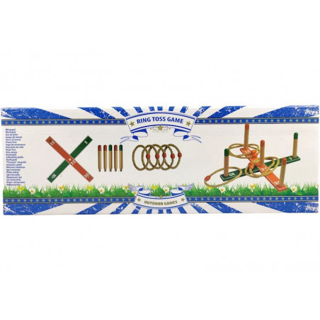 Jeu de lancer d'anneaux 40 x 40 x H 15 cm - Pin - 5 anneaux et 5 piquets