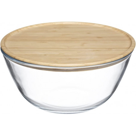 Saladier en verre avec couvercle en bambou - Transparent - D 23 x H 11,8 cm
