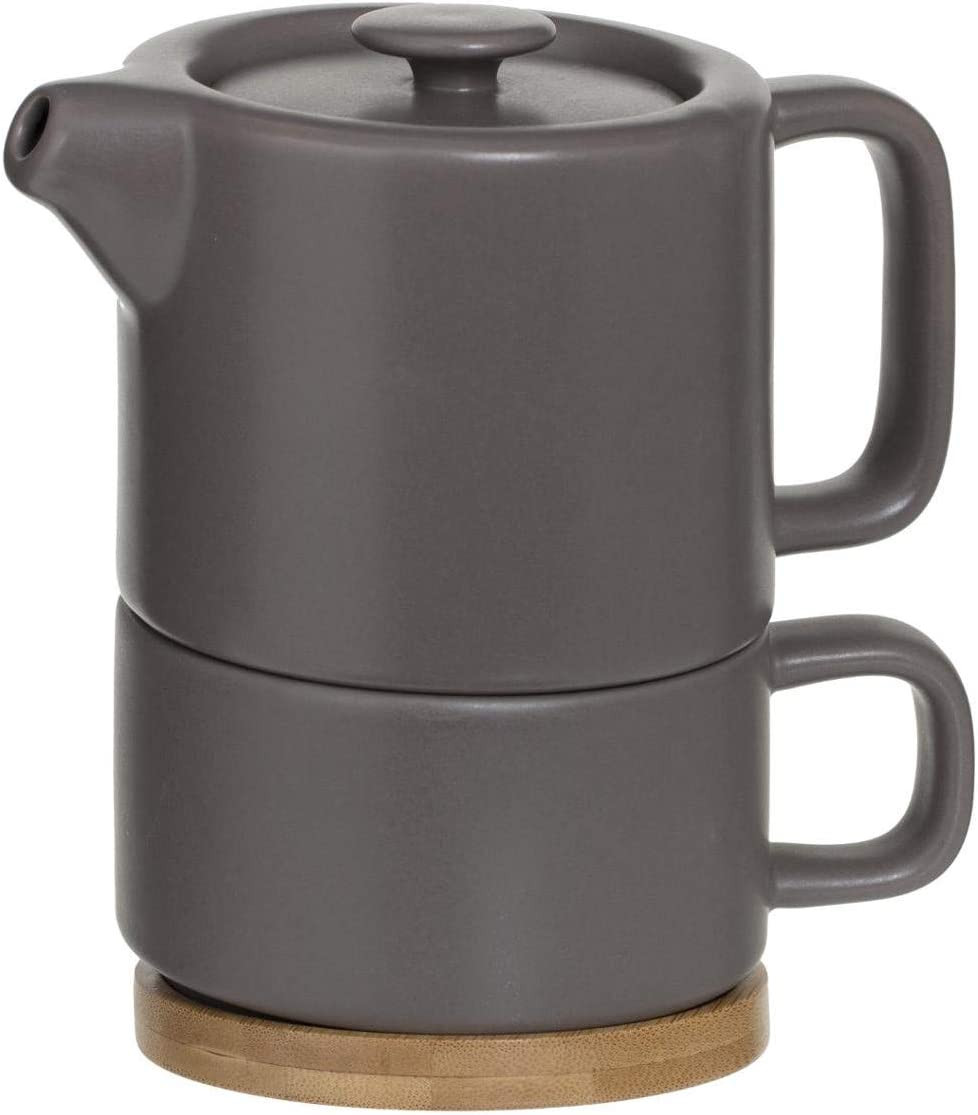 Théière + tasse en faïence et bambou - taupe - Contenance 0.4L