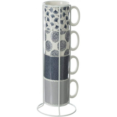 Lot de 4 mugs avec support - Gris et blanc - Contenance 26cl