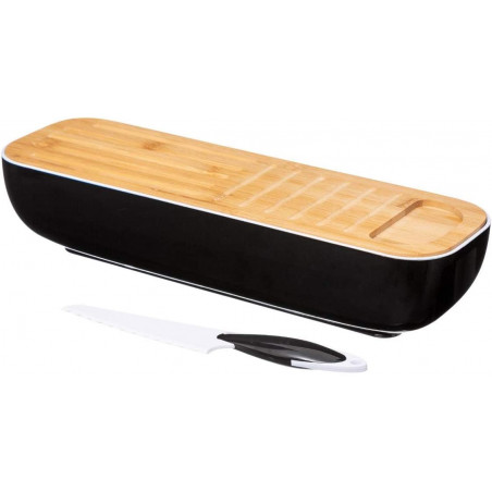 Boîte à pain avec couteau et planche - Noir/beige - L 40 cm - Collection Black bambou