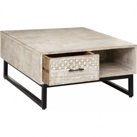Table basse 2 tiroirs en bois massif de manguier - Beige - L 90 x P 90 x H 40 cm - Collection Tropiques australes