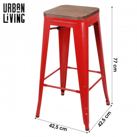 Tabouret de bar vintage carré en métal - Rouge et bois - Métal et bois - L 42.5 x P 42.5 x H 77cm