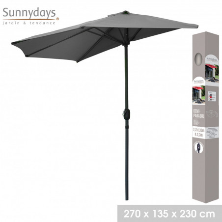 Demi-parasol ouverture manivelle - Gris anthracite - L 270 x P 135 x H 230 cm