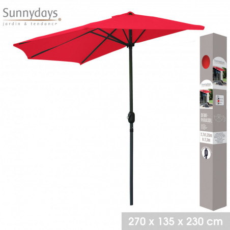 Demi-parasol ouverture manivelle - Rouge - L 270 x P 135 x H 230 cm