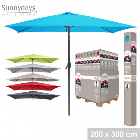 Parasol rectangulaire inclinable ouverture manivelle - 6 coloris - Polyester, aluminium, acier - L 300 x P 200 x H 250 cm