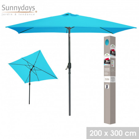 Parasol rectangulaire inclinable ouverture manivelle - Turquoise et gris anthracite - L 300 x P 200 x H 250 cm