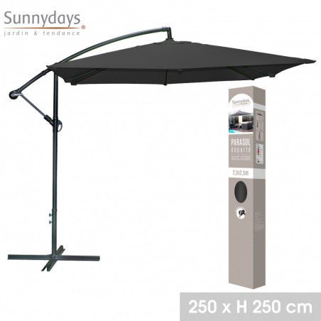 Parasol déporté carré ouverture manivelle - Noir - Polyester et aluminium - L 250 x P 250 x H 250