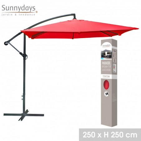 Parasol déporté carré ouverture manivelle - Rouge - Polyester et aluminium - L 250 x P 250 x H 250