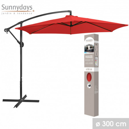 Parasol déporté rond ouverture manivelle - Rouge - Polyester et aluminium - D 300 x H 250