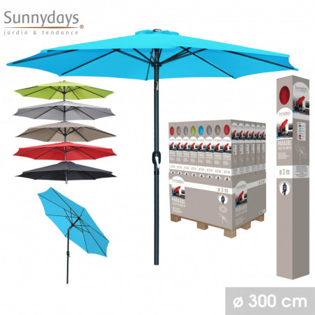 Parasol rond inclinable ouverture manivelle - 6 coloris - Polyester, aluminium, acier - D 300 x H 250 cm