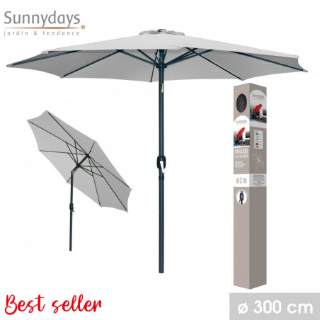 Parasol rond inclinable ouverture manivelle - Gris clair - Polyester, aluminium, acier - D 300 x H 250 cm