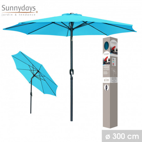 Parasol rond inclinable ouverture manivelle -Turquoise - Polyester, aluminium, acier - D 300 x H 250 cm